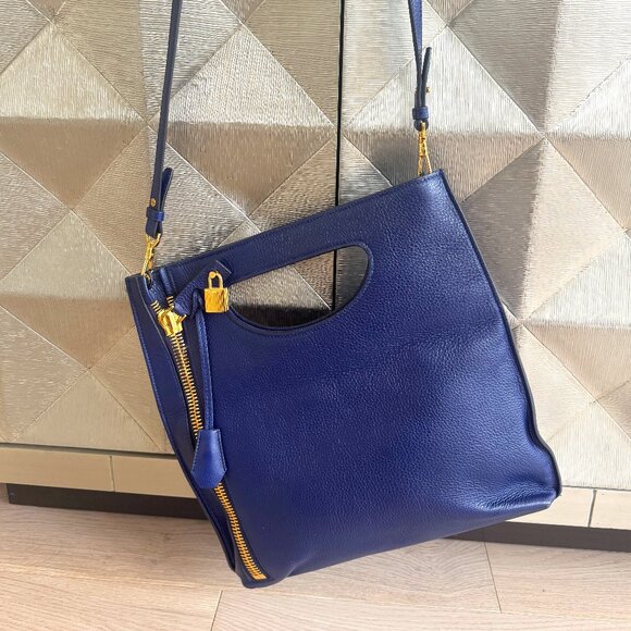 Tom Ford Alix Fold Over Crossbody Bag Leather-Cobalt Blue - Picture 1 of 6